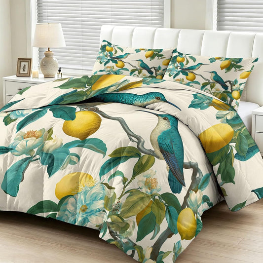 Botanical Lemon Tree Hummingbird Twin Comforter Set for Kids and Adults, Vintage Bedding Set 3 Piece with 2 Pillowcases 20 x 30 inches, Soft Microfiber Comforter Set for Bedroom Bed Decor