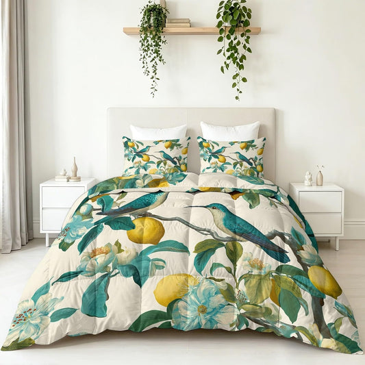 Botanical Lemon Tree Hummingbird Twin Comforter Set for Kids and Adults, Vintage Bedding Set 3 Piece with 2 Pillowcases 20 x 30 inches, Soft Microfiber Comforter Set for Bedroom Bed Decor