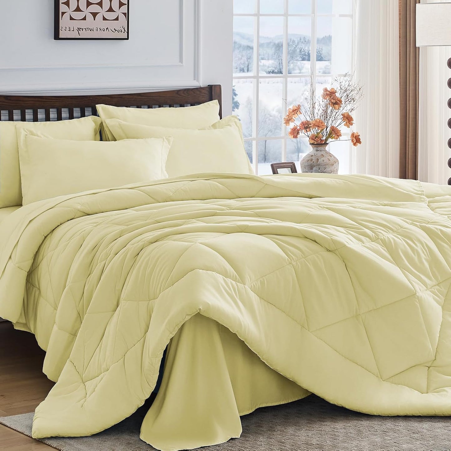 Cream Yellow Queen Comforter Set - 7-Piece All Season Bed in a Bag Queen, Ultra Soft Bedding Set with Comforter, Flat Sheet, Fitted Sheet, Pillowcases, Pillow Shams