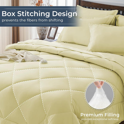 Cream Yellow Queen Comforter Set - 7-Piece All Season Bed in a Bag Queen, Ultra Soft Bedding Set with Comforter, Flat Sheet, Fitted Sheet, Pillowcases, Pillow Shams