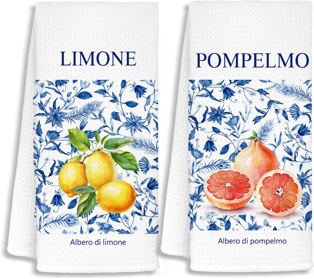 Italian Lemon Grapefruit Bathroom Towels, Fruit Decor Dish Tea Towels, Blue and White Floral Lemon Grapefruit Decorative Hand Towels for Bathroom, Italian Kitchen Decor, 16x24 Inch Set of 2