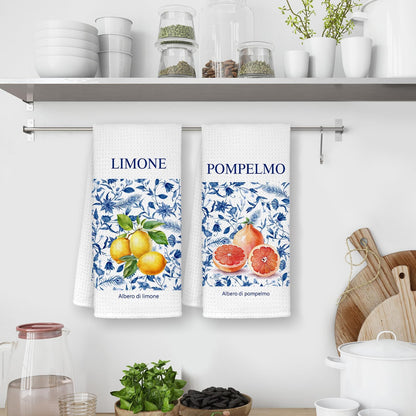 Italian Lemon Grapefruit Bathroom Towels, Fruit Decor Dish Tea Towels, Blue and White Floral Lemon Grapefruit Decorative Hand Towels for Bathroom, Italian Kitchen Decor, 16x24 Inch Set of 2