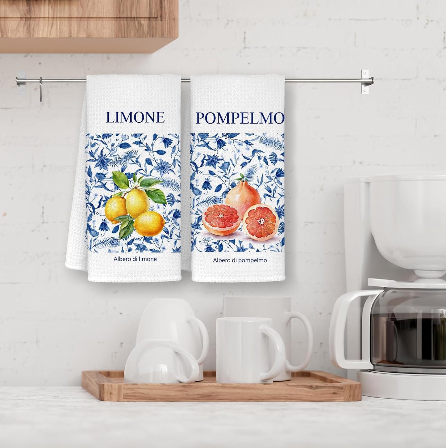 Italian Lemon Grapefruit Bathroom Towels, Fruit Decor Dish Tea Towels, Blue and White Floral Lemon Grapefruit Decorative Hand Towels for Bathroom, Italian Kitchen Decor, 16x24 Inch Set of 2