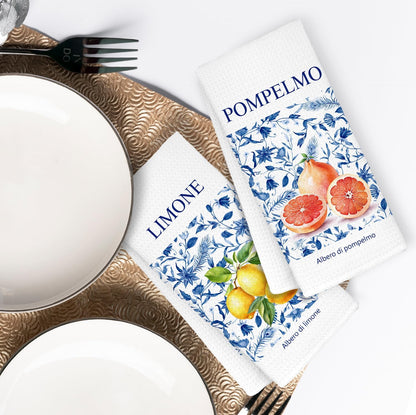 Italian Lemon Grapefruit Bathroom Towels, Fruit Decor Dish Tea Towels, Blue and White Floral Lemon Grapefruit Decorative Hand Towels for Bathroom, Italian Kitchen Decor, 16x24 Inch Set of 2