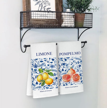 Italian Lemon Grapefruit Bathroom Towels, Fruit Decor Dish Tea Towels, Blue and White Floral Lemon Grapefruit Decorative Hand Towels for Bathroom, Italian Kitchen Decor, 16x24 Inch Set of 2