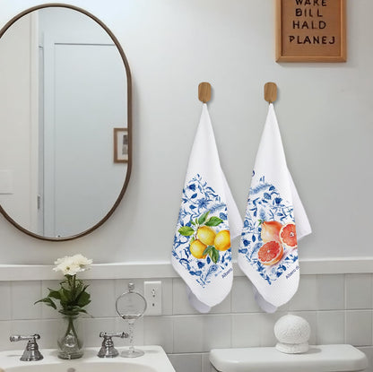 Italian Lemon Grapefruit Bathroom Towels, Fruit Decor Dish Tea Towels, Blue and White Floral Lemon Grapefruit Decorative Hand Towels for Bathroom, Italian Kitchen Decor, 16x24 Inch Set of 2