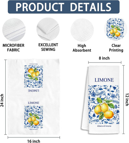 Italian Lemon Grapefruit Bathroom Towels, Fruit Decor Dish Tea Towels, Blue and White Floral Lemon Grapefruit Decorative Hand Towels for Bathroom, Italian Kitchen Decor, 16x24 Inch Set of 2