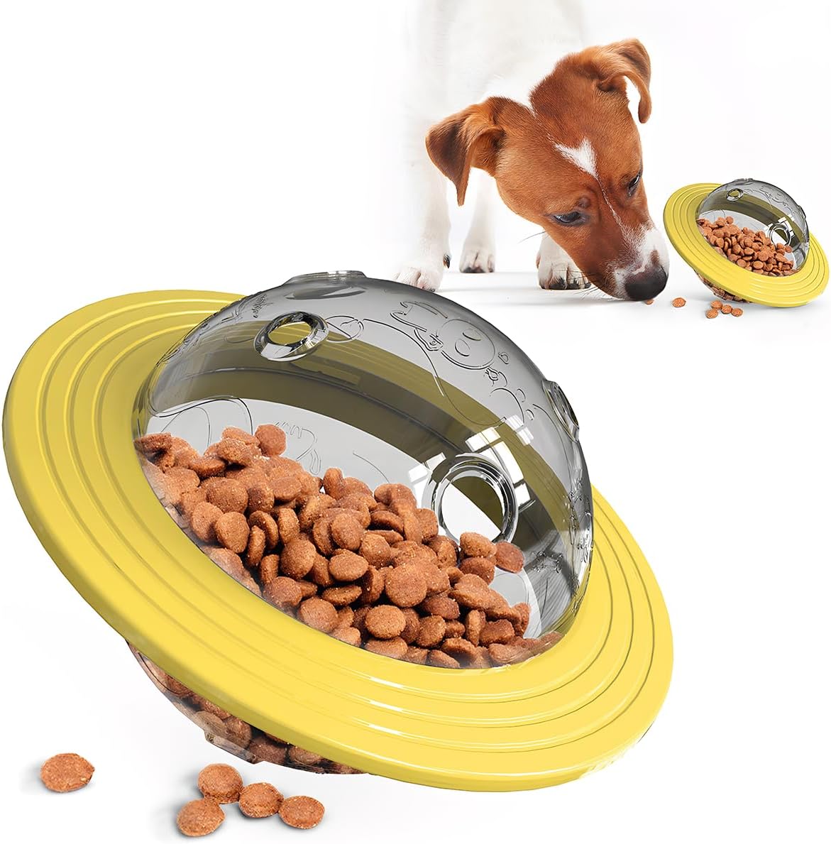 UFO Robot Planet Interactive Dog Toy, Treat Dispensing Puzzle for Large & Small Dogs, Enrichment Brain Stimulation & Slow Feeder to Keep Them Busy(Planet Yellow)