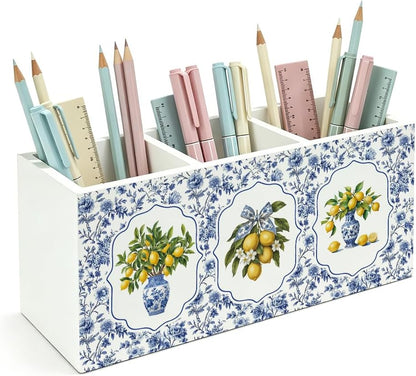 Blue Chinoiserie Lemon Pen Pencil Holder for Desk, Grandmillennial Floral Bow Lemon Desk Organizer and Accessories, Blue and White Floral Makeup Brush Holder