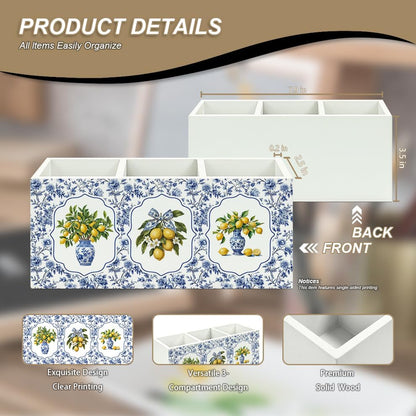 Blue Chinoiserie Lemon Pen Pencil Holder for Desk, Grandmillennial Floral Bow Lemon Desk Organizer and Accessories, Blue and White Floral Makeup Brush Holder