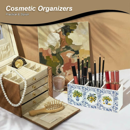 Blue Chinoiserie Lemon Pen Pencil Holder for Desk, Grandmillennial Floral Bow Lemon Desk Organizer and Accessories, Blue and White Floral Makeup Brush Holder