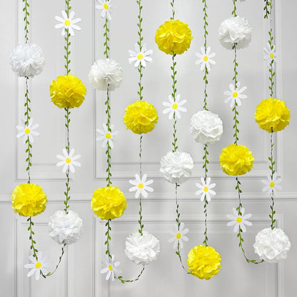 Daisy Party Decorations Yellow White Tissue Flowers Pom Pom Daisy Hanging Leaf Garland Streamer Banner for Spring Summer Themed Birthday Wedding Shower Tea Party Supplies Home Garden Decor