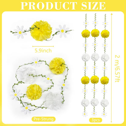 Daisy Party Decorations Yellow White Tissue Flowers Pom Pom Daisy Hanging Leaf Garland Streamer Banner for Spring Summer Themed Birthday Wedding Shower Tea Party Supplies Home Garden Decor