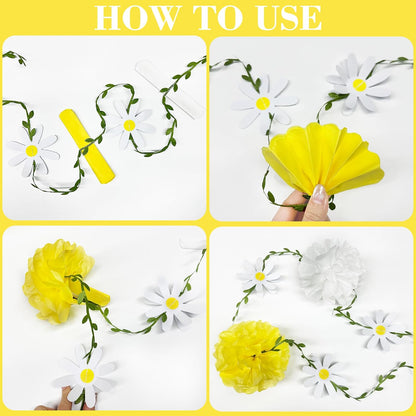 Daisy Party Decorations Yellow White Tissue Flowers Pom Pom Daisy Hanging Leaf Garland Streamer Banner for Spring Summer Themed Birthday Wedding Shower Tea Party Supplies Home Garden Decor