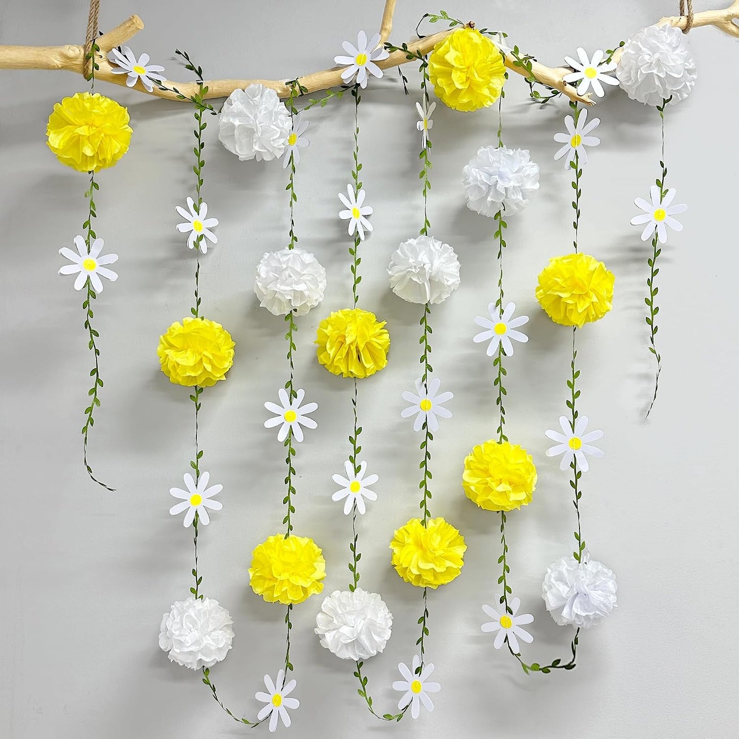 Daisy Party Decorations Yellow White Tissue Flowers Pom Pom Daisy Hanging Leaf Garland Streamer Banner for Spring Summer Themed Birthday Wedding Shower Tea Party Supplies Home Garden Decor