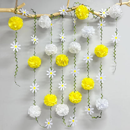 Daisy Party Decorations Yellow White Tissue Flowers Pom Pom Daisy Hanging Leaf Garland Streamer Banner for Spring Summer Themed Birthday Wedding Shower Tea Party Supplies Home Garden Decor
