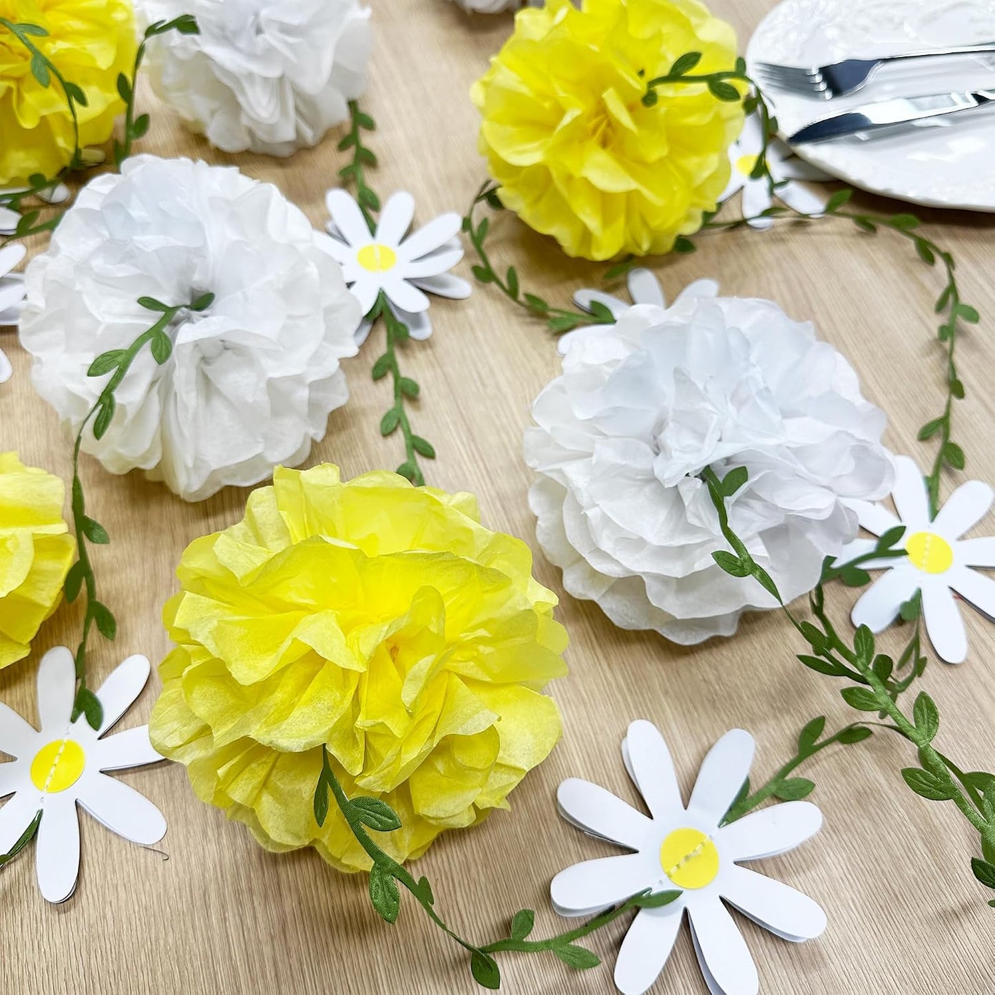 Daisy Party Decorations Yellow White Tissue Flowers Pom Pom Daisy Hanging Leaf Garland Streamer Banner for Spring Summer Themed Birthday Wedding Shower Tea Party Supplies Home Garden Decor