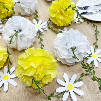 Daisy Party Decorations Yellow White Tissue Flowers Pom Pom Daisy Hanging Leaf Garland Streamer Banner for Spring Summer Themed Birthday Wedding Shower Tea Party Supplies Home Garden Decor