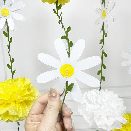 Daisy Party Decorations Yellow White Tissue Flowers Pom Pom Daisy Hanging Leaf Garland Streamer Banner for Spring Summer Themed Birthday Wedding Shower Tea Party Supplies Home Garden Decor