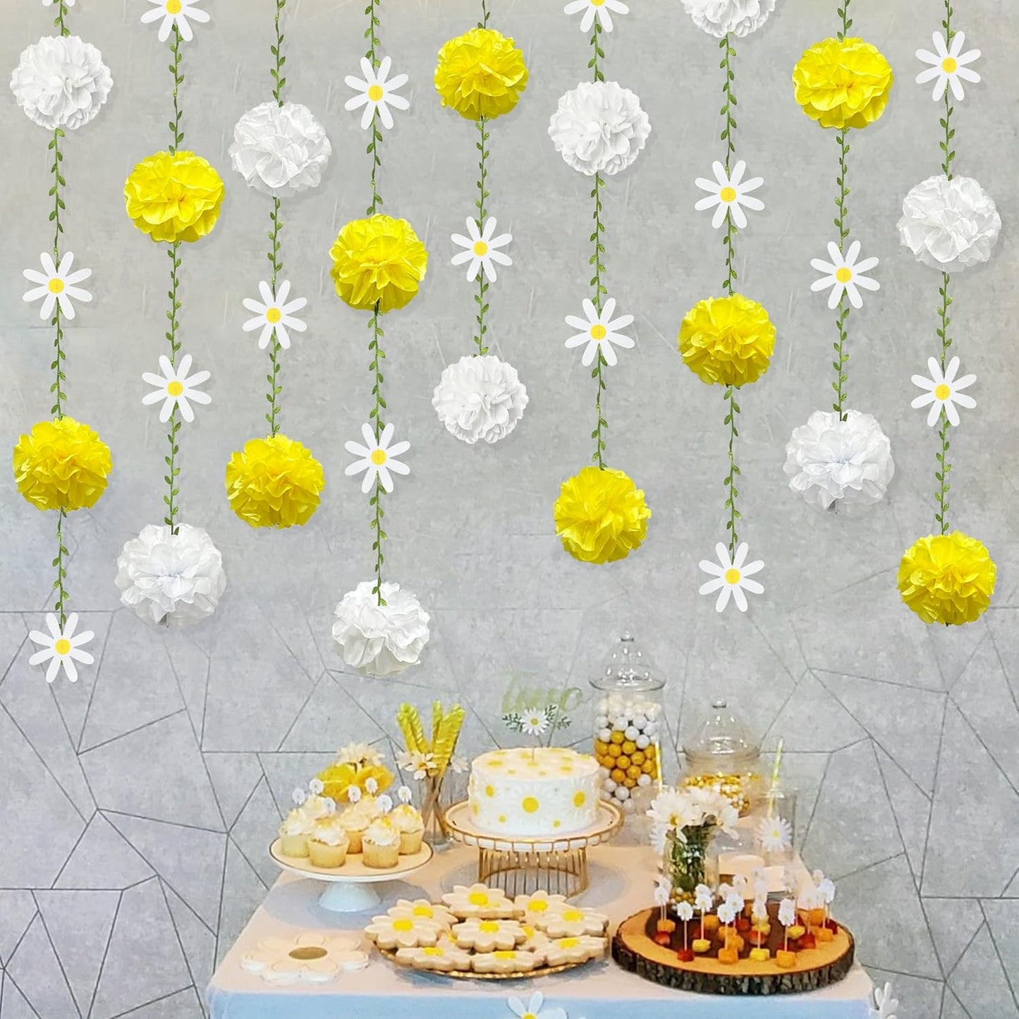 Daisy Party Decorations Yellow White Tissue Flowers Pom Pom Daisy Hanging Leaf Garland Streamer Banner for Spring Summer Themed Birthday Wedding Shower Tea Party Supplies Home Garden Decor
