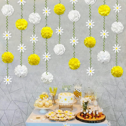 Daisy Party Decorations Yellow White Tissue Flowers Pom Pom Daisy Hanging Leaf Garland Streamer Banner for Spring Summer Themed Birthday Wedding Shower Tea Party Supplies Home Garden Decor