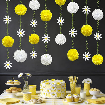 Daisy Party Decorations Yellow White Tissue Flowers Pom Pom Daisy Hanging Leaf Garland Streamer Banner for Spring Summer Themed Birthday Wedding Shower Tea Party Supplies Home Garden Decor