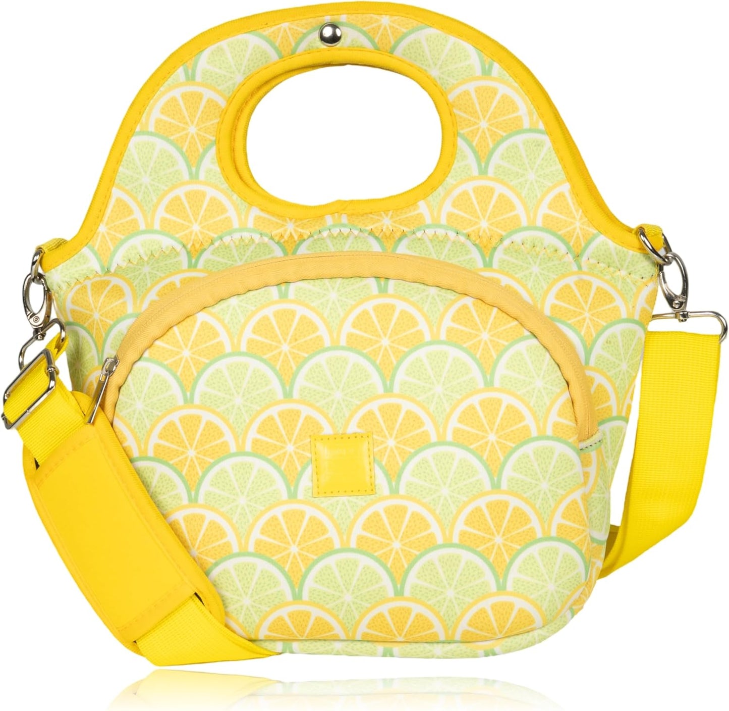 Large Insulated Lunch Tote Bag – Stylish Neoprene Carrier Foil Lining, Front Zipper Pocket & Shoulder Strap – Machine Washable, Lightweight, Travel Ready (Lemon & Lime)