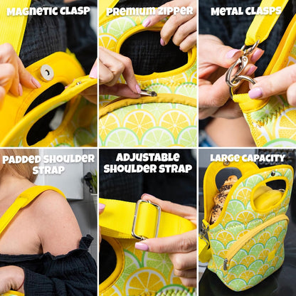 Large Insulated Lunch Tote Bag – Stylish Neoprene Carrier Foil Lining, Front Zipper Pocket & Shoulder Strap – Machine Washable, Lightweight, Travel Ready (Lemon & Lime)