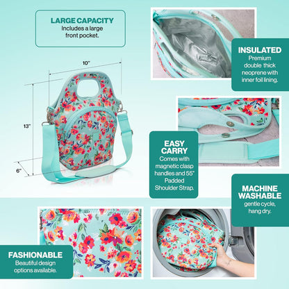 Large Insulated Lunch Tote Bag – Stylish Neoprene Carrier Foil Lining, Front Zipper Pocket & Shoulder Strap – Machine Washable, Lightweight, Travel Ready (Lemon & Lime)