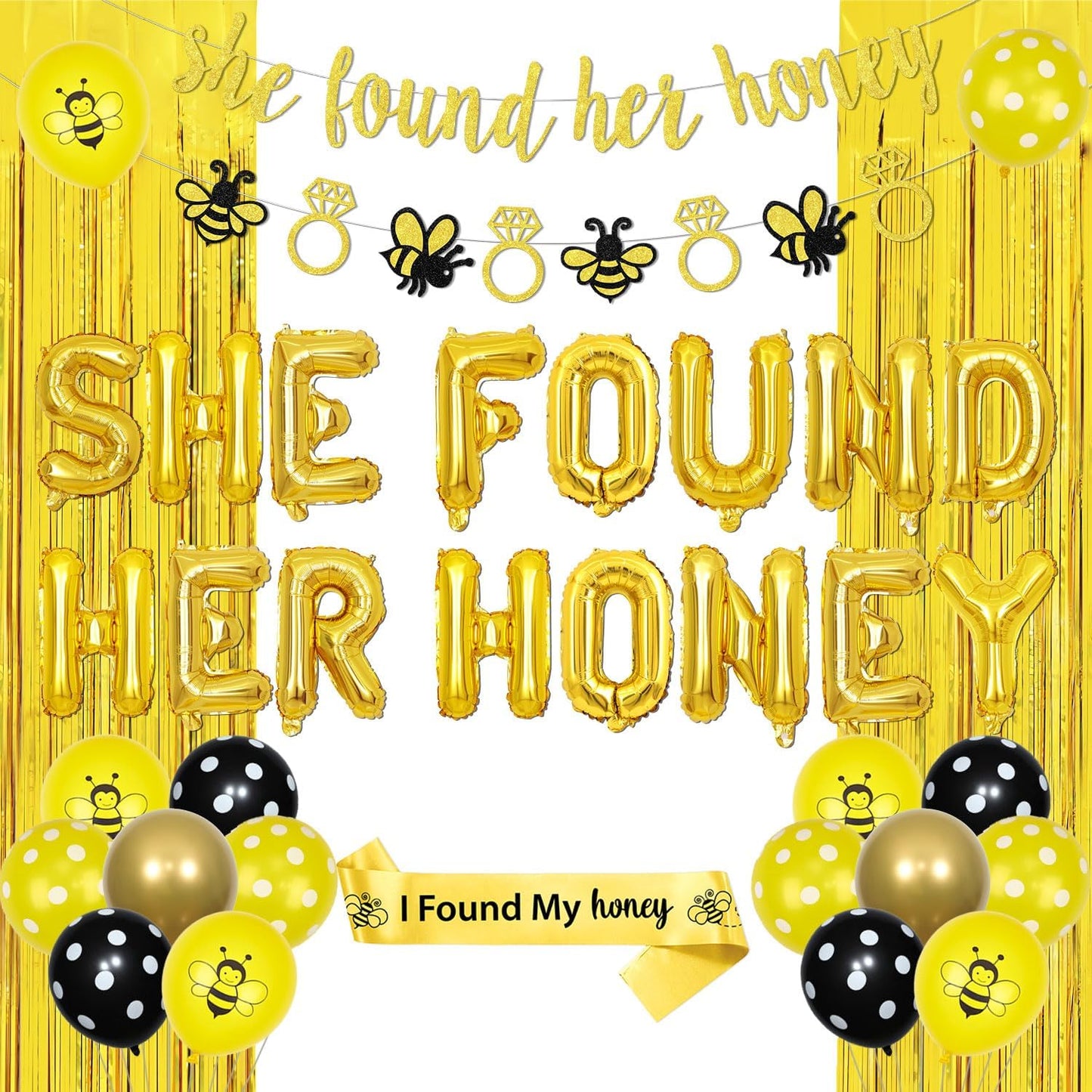 She Found Her Honey Bridal Shower Decorations Floral Bride to Banners Glitter Gold Foil Fringe Curtain and Bee Yellow Balloon for Women Honey Bee Wedding Engagement Bachelorette Decor Party Supplies