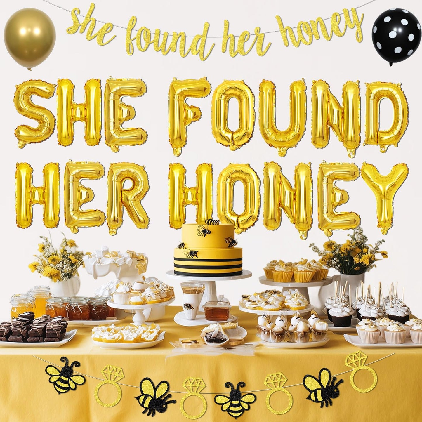 She Found Her Honey Bridal Shower Decorations Floral Bride to Banners Glitter Gold Foil Fringe Curtain and Bee Yellow Balloon for Women Honey Bee Wedding Engagement Bachelorette Decor Party Supplies