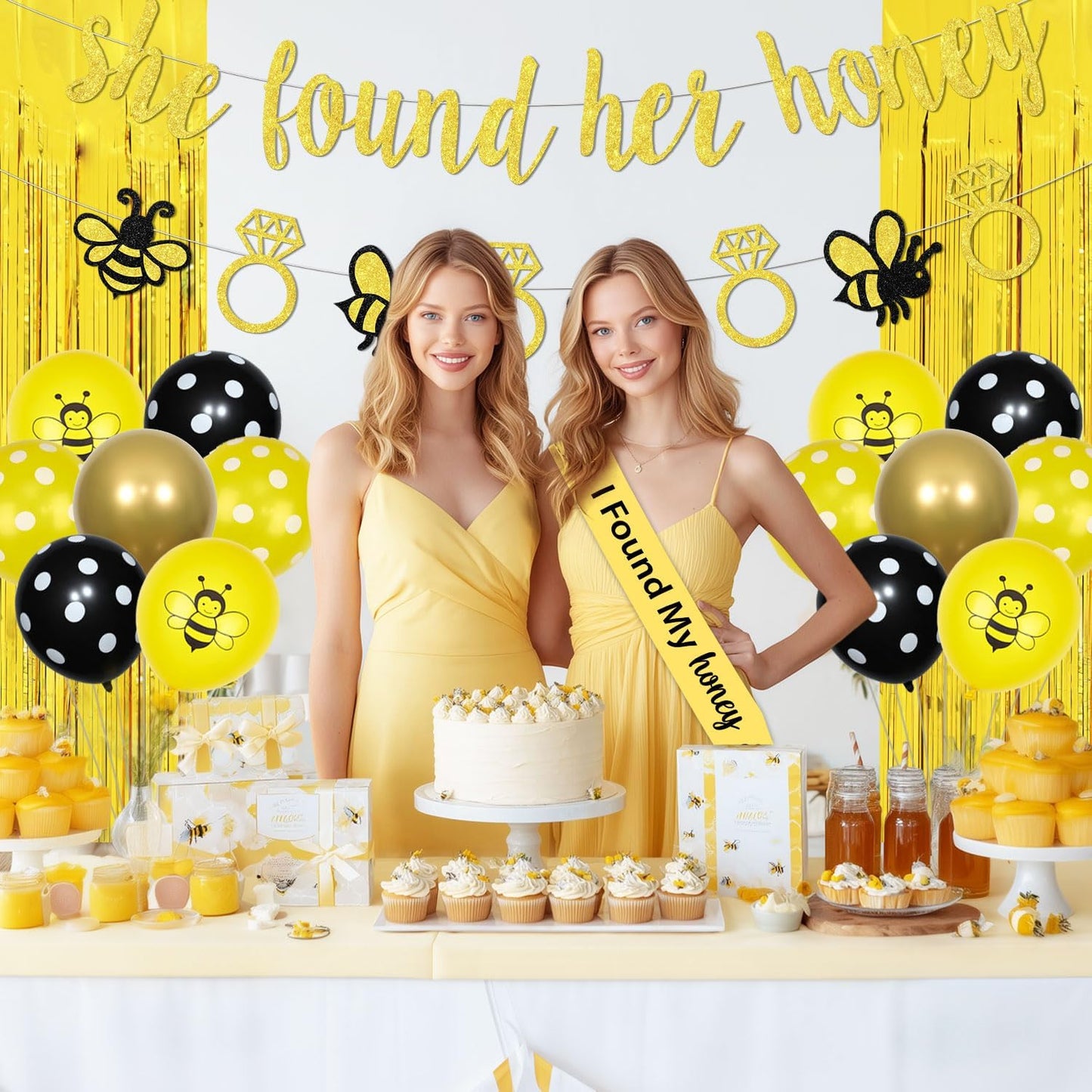 She Found Her Honey Bridal Shower Decorations Floral Bride to Banners Glitter Gold Foil Fringe Curtain and Bee Yellow Balloon for Women Honey Bee Wedding Engagement Bachelorette Decor Party Supplies