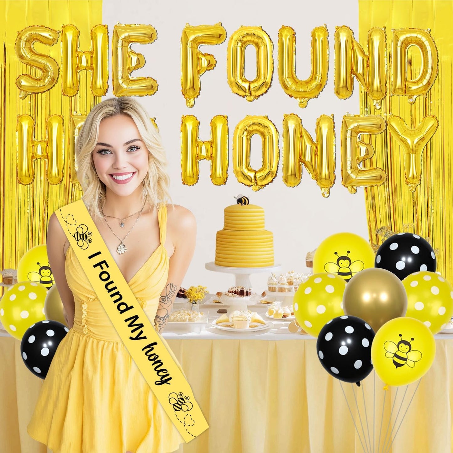 She Found Her Honey Bridal Shower Decorations Floral Bride to Banners Glitter Gold Foil Fringe Curtain and Bee Yellow Balloon for Women Honey Bee Wedding Engagement Bachelorette Decor Party Supplies