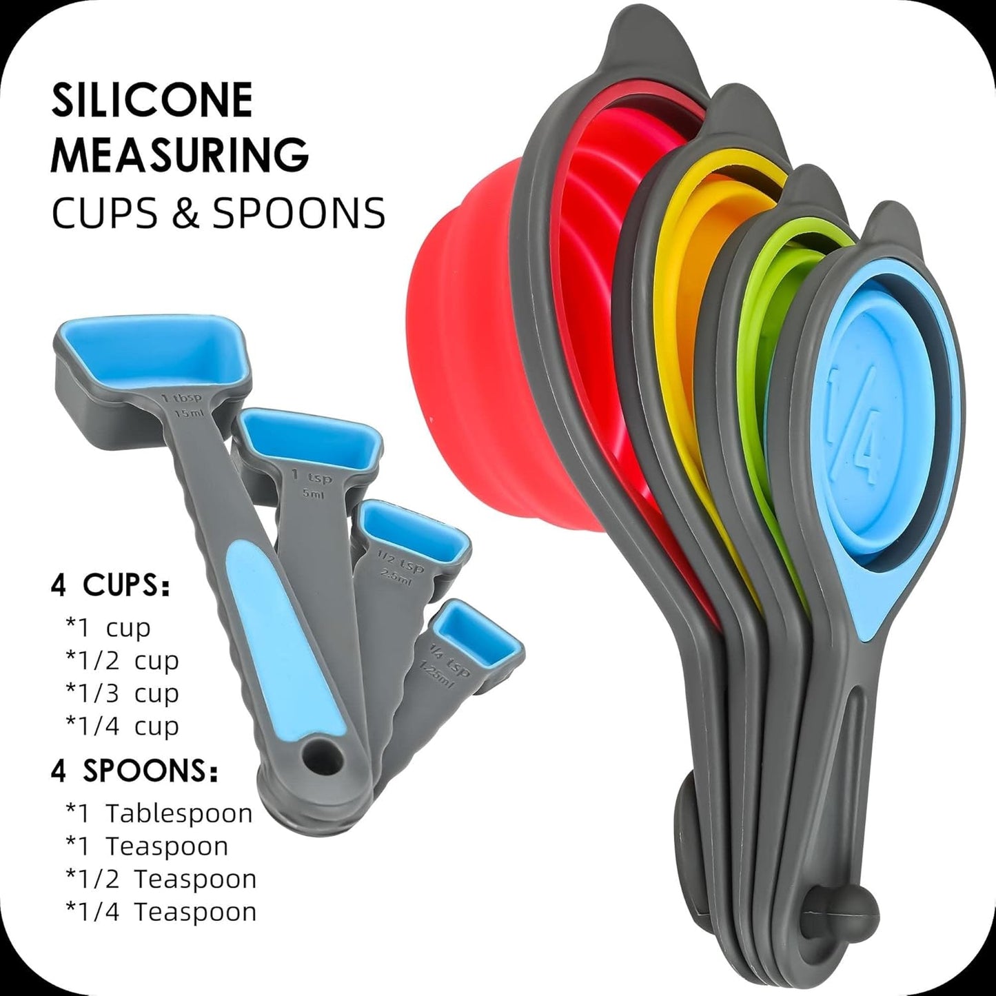 Collapsible Measuring Cups and Spoons Set,16 Pcs Portable Silicone Measuring Cups and Spoons for Liquid & Dry Measuring, Food Grade Silicone Measuring Tools Set, Yellow Green(Random Rainbow)