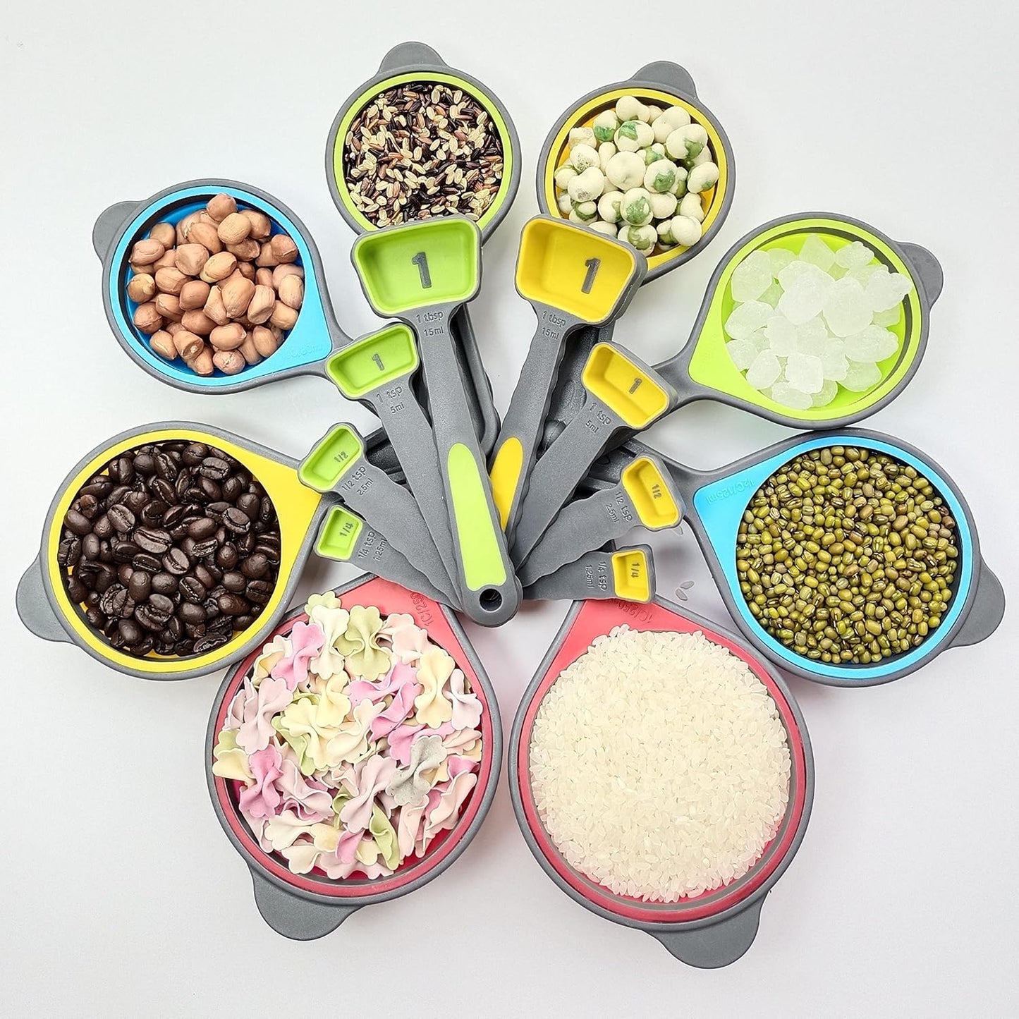 Collapsible Measuring Cups and Spoons Set,16 Pcs Portable Silicone Measuring Cups and Spoons for Liquid & Dry Measuring, Food Grade Silicone Measuring Tools Set, Yellow Green(Random Rainbow)