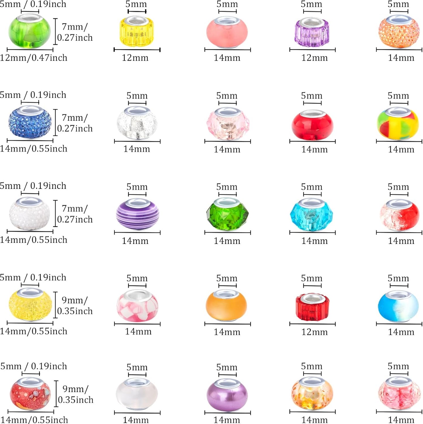 60 Pieces Large Hole Beads, Assorted European Craft Beads Yellow Big Hole Fairy Wands Garden Beads Large Hole Lampwork Spacer Beads for DIY Pens Charms Bracelet Necklace Jewelry Making Supplies