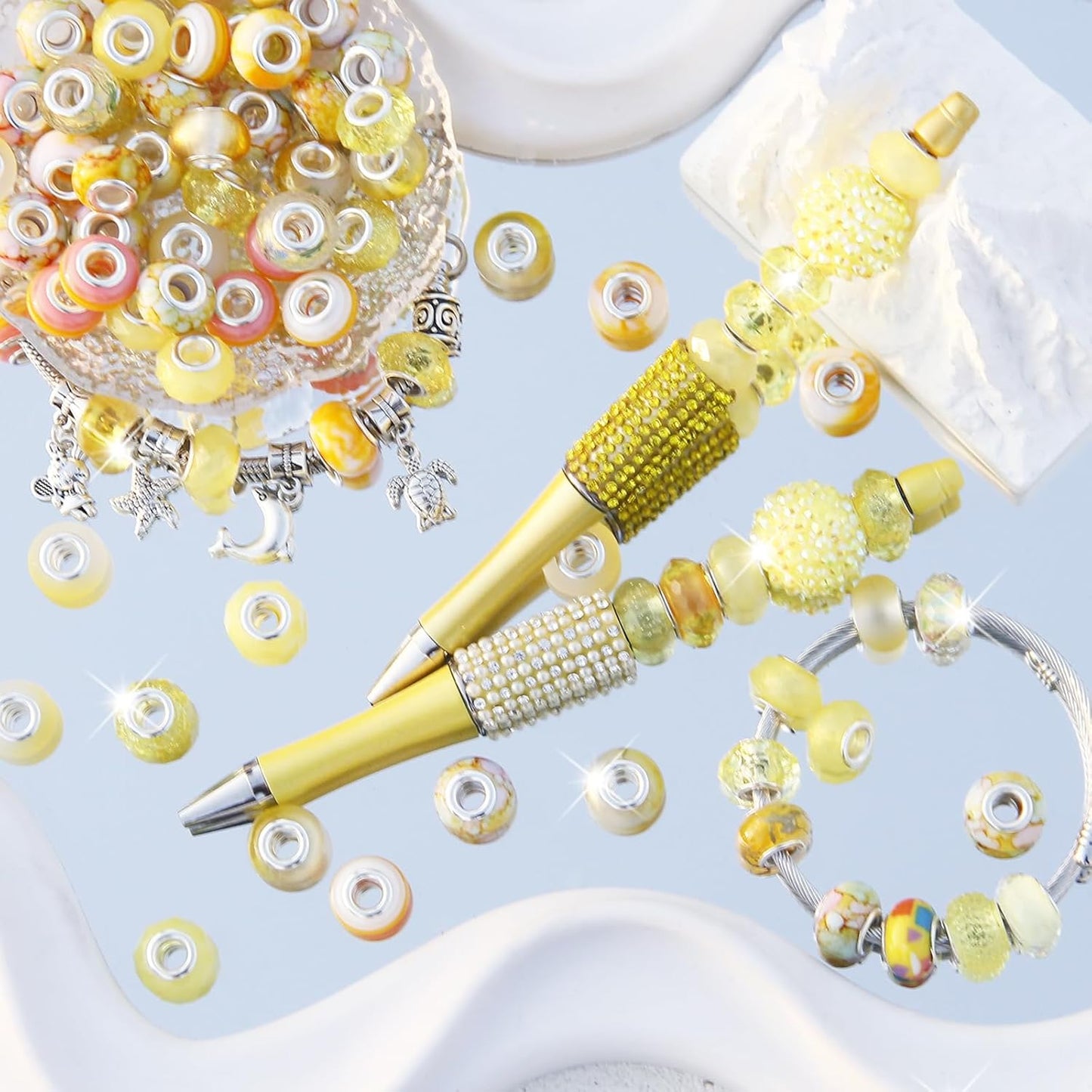 60 Pieces Large Hole Beads, Assorted European Craft Beads Yellow Big Hole Fairy Wands Garden Beads Large Hole Lampwork Spacer Beads for DIY Pens Charms Bracelet Necklace Jewelry Making Supplies