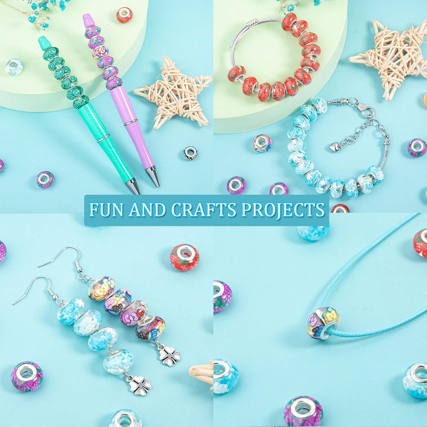 60 Pieces Large Hole Beads, Assorted European Craft Beads Yellow Big Hole Fairy Wands Garden Beads Large Hole Lampwork Spacer Beads for DIY Pens Charms Bracelet Necklace Jewelry Making Supplies