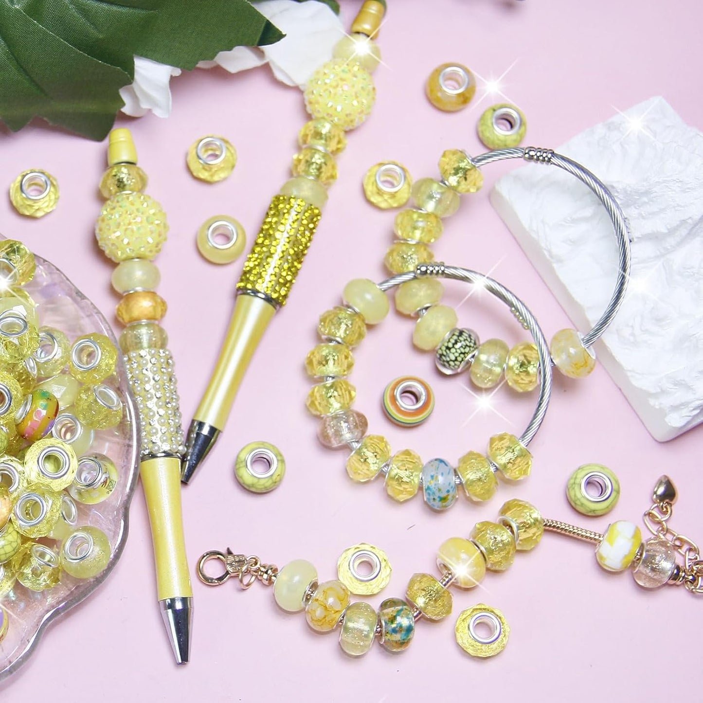 60 Pieces Large Hole Beads, Assorted European Craft Beads Yellow Big Hole Fairy Wands Garden Beads Large Hole Lampwork Spacer Beads for DIY Pens Charms Bracelet Necklace Jewelry Making Supplies