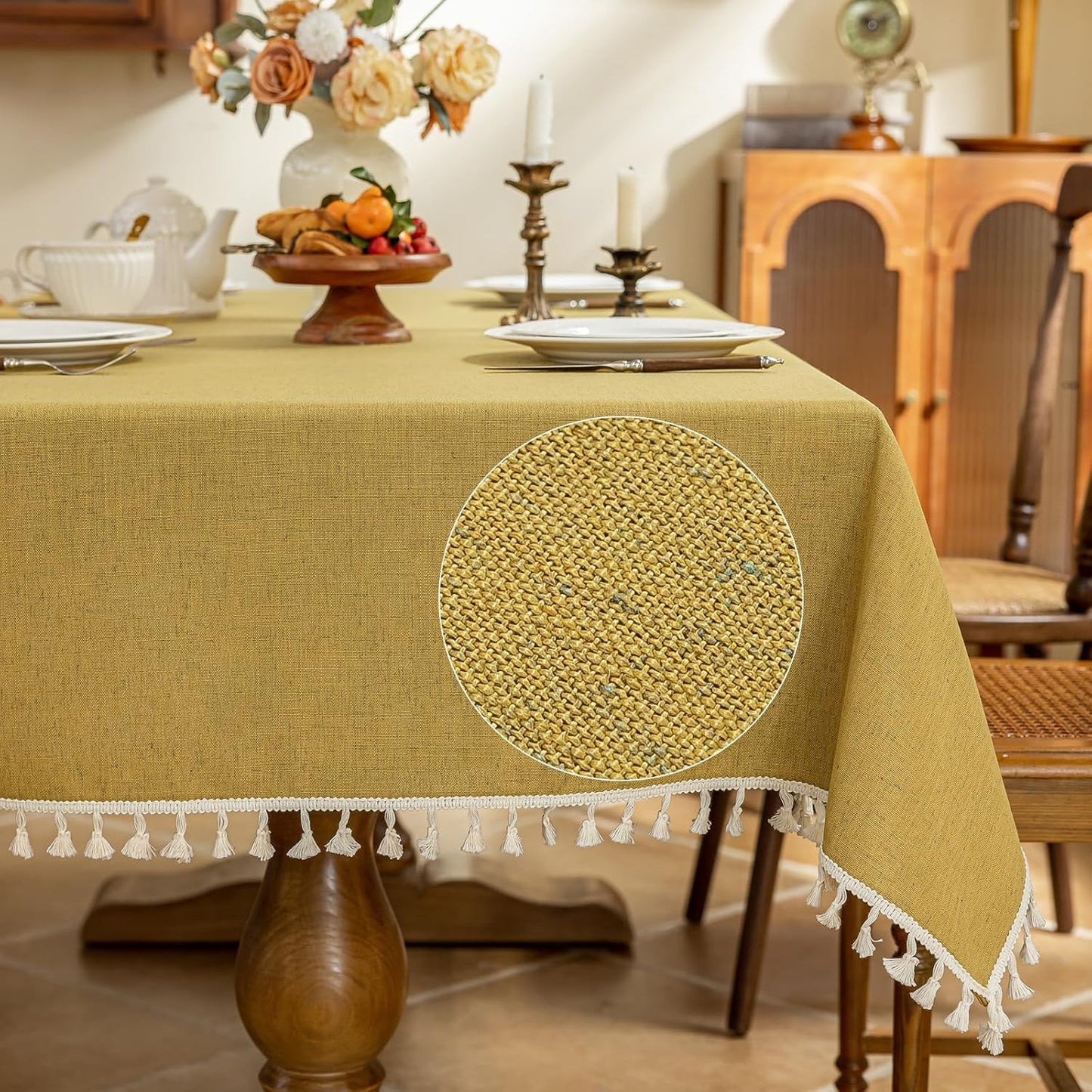 AmHoo Linen Blend Tablecloth Table Cloth 280 GSM Stitching Tassel Rectangle Decorative Natural Table Cover for Kitchen Dinning Wedding Buffet 55×86 inch Primrose Yellow