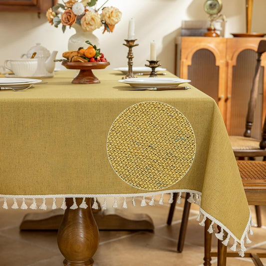 AmHoo Linen Blend Tablecloth Table Cloth 280 GSM Stitching Tassel Rectangle Decorative Natural Table Cover for Kitchen Dinning Wedding Buffet 55×86 inch Primrose Yellow