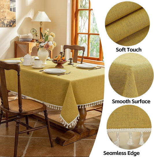 AmHoo Linen Blend Tablecloth Table Cloth 280 GSM Stitching Tassel Rectangle Decorative Natural Table Cover for Kitchen Dinning Wedding Buffet 55×86 inch Primrose Yellow
