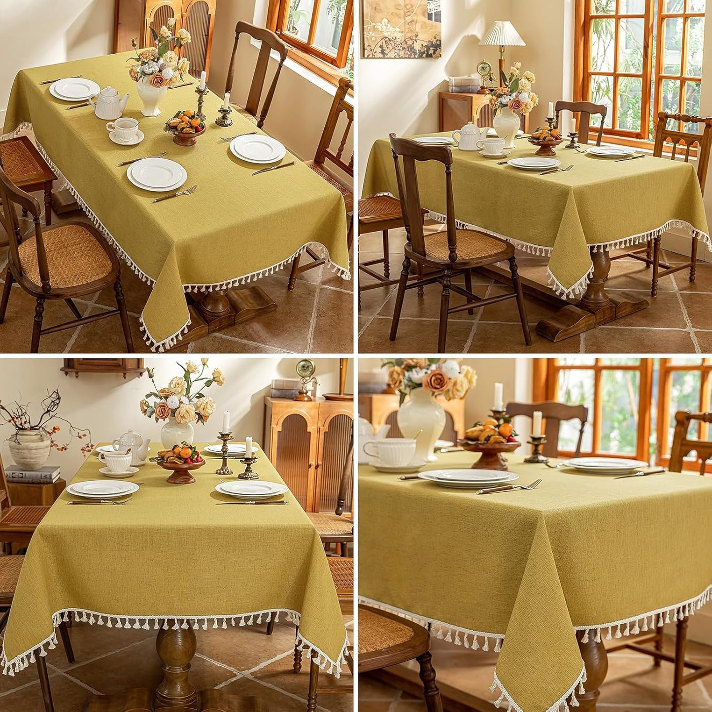 AmHoo Linen Blend Tablecloth Table Cloth 280 GSM Stitching Tassel Rectangle Decorative Natural Table Cover for Kitchen Dinning Wedding Buffet 55×86 inch Primrose Yellow