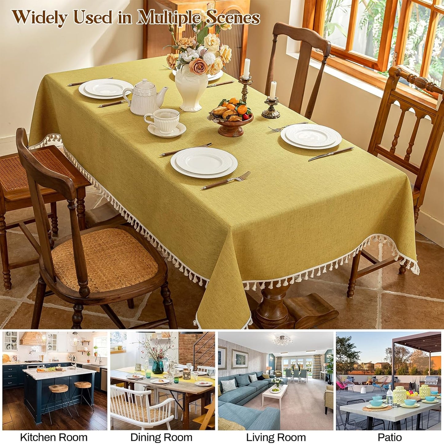 AmHoo Linen Blend Tablecloth Table Cloth 280 GSM Stitching Tassel Rectangle Decorative Natural Table Cover for Kitchen Dinning Wedding Buffet 55×86 inch Primrose Yellow
