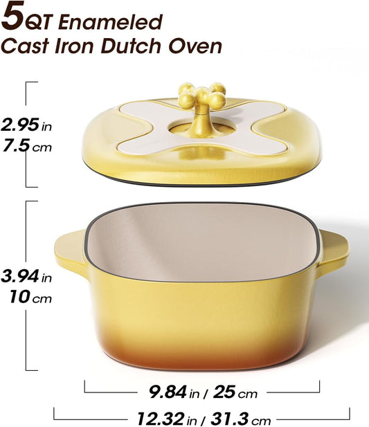 5 Quart Enameled Cast Iron Dutch Oven Pot with Lid – Premium Durability & Oven Safe – Heavy Duty Cookware Perfect for Bread Baking, Stews, Braising & Roasting – Bright Yellow