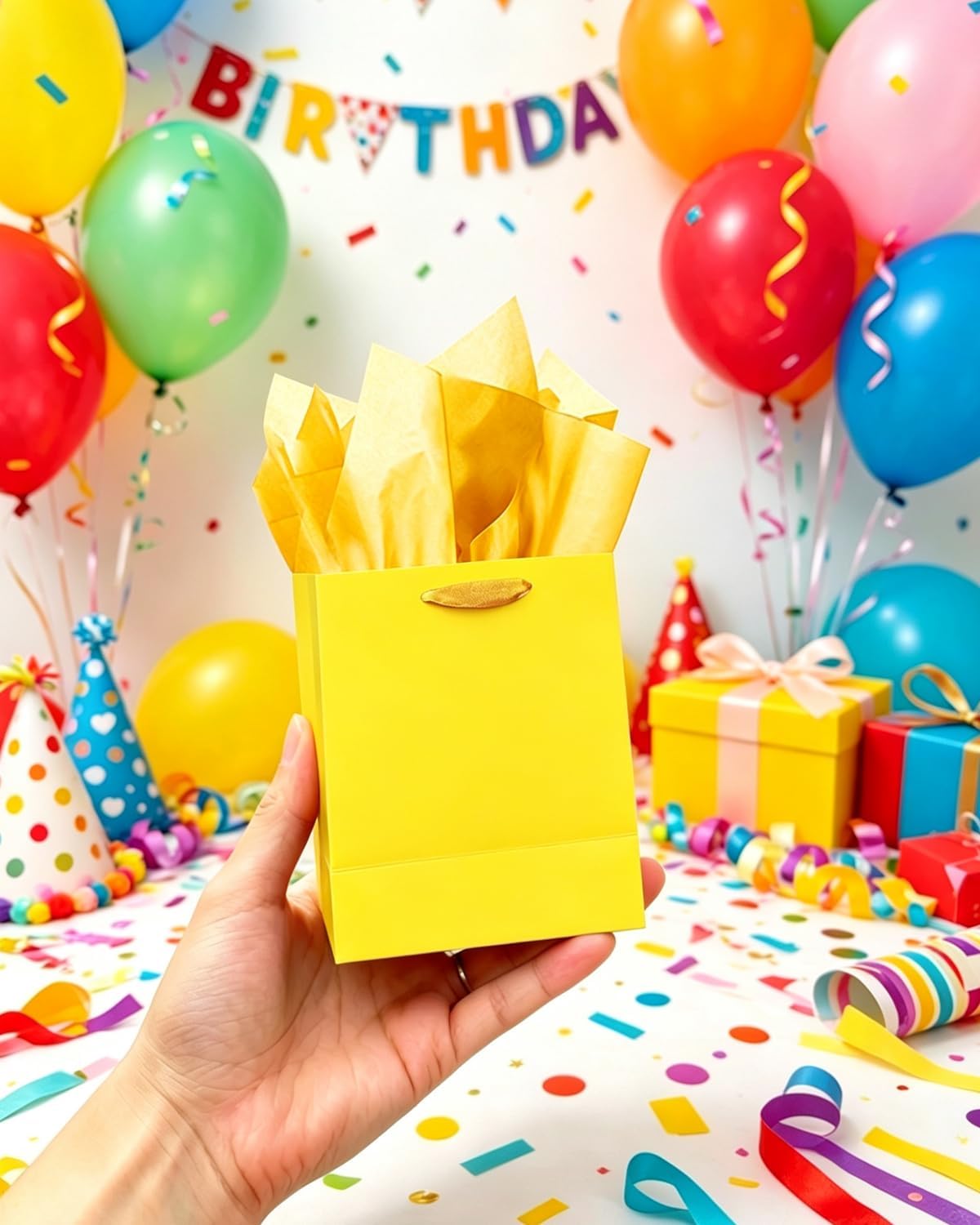 10PCS Bright Yellow Mini Gift Bags with Tissue Paper Handles 6.3"x4.7"x2.4" Small Size Present Party Favor Bags（ Tissue Paper ）