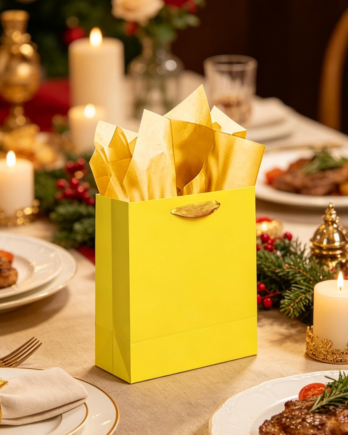 10PCS Bright Yellow Mini Gift Bags with Tissue Paper Handles 6.3"x4.7"x2.4" Small Size Present Party Favor Bags（ Tissue Paper ）