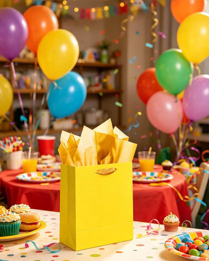 10PCS Bright Yellow Mini Gift Bags with Tissue Paper Handles 6.3"x4.7"x2.4" Small Size Present Party Favor Bags（ Tissue Paper ）