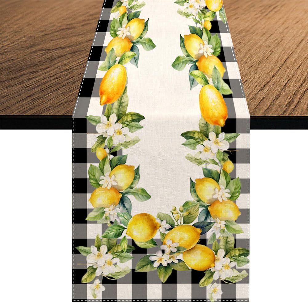 Lemon Floral Table Runner, Buffalo Plaid Spring Summer Kitchen Dining Table Decoration for Home Party 13x70 Inch