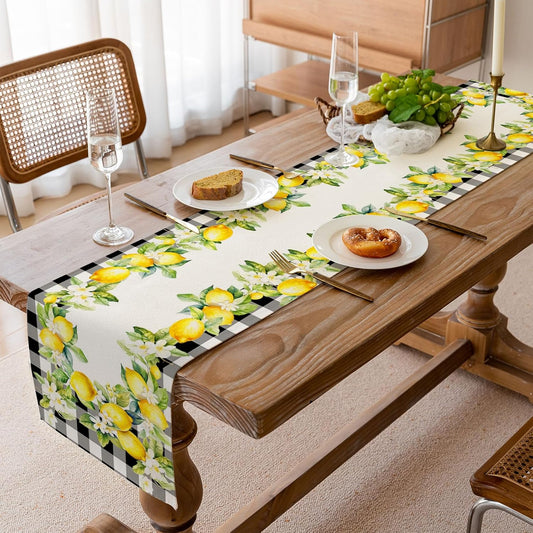 Lemon Floral Table Runner, Buffalo Plaid Spring Summer Kitchen Dining Table Decoration for Home Party 13x70 Inch